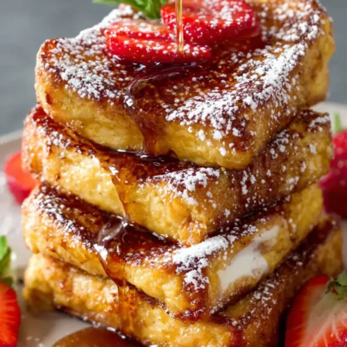 Pillowy soft Hawaiian roll French toast served with maple syrup and powdered sugar