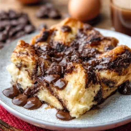 Homemade chocolate croissant breakfast bake with crispy edges and soft center