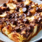 Chocolate croissant bake sliced and served for brunch on a wooden table