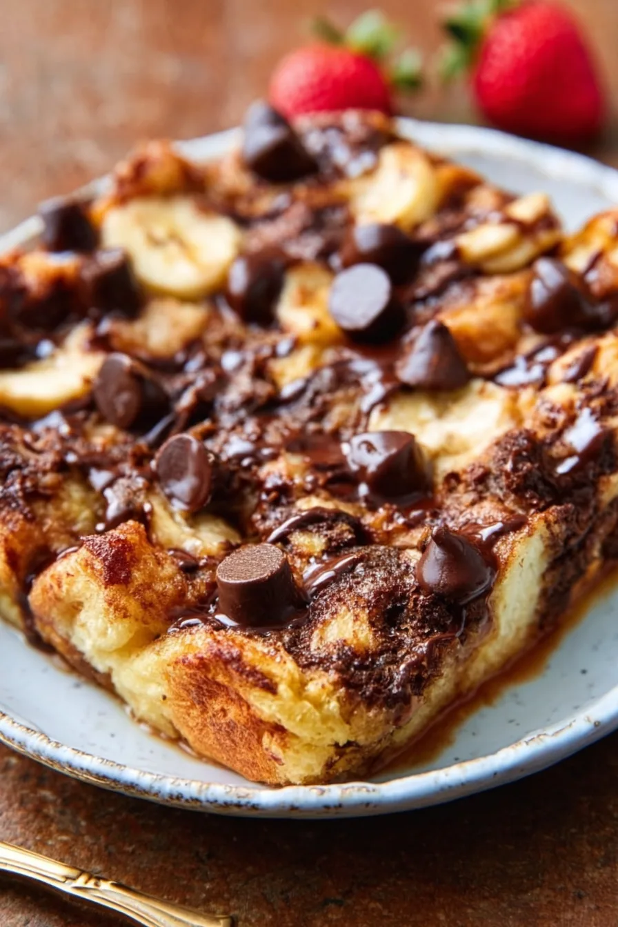 Chocolate croissant bake sliced and served for brunch on a wooden table
