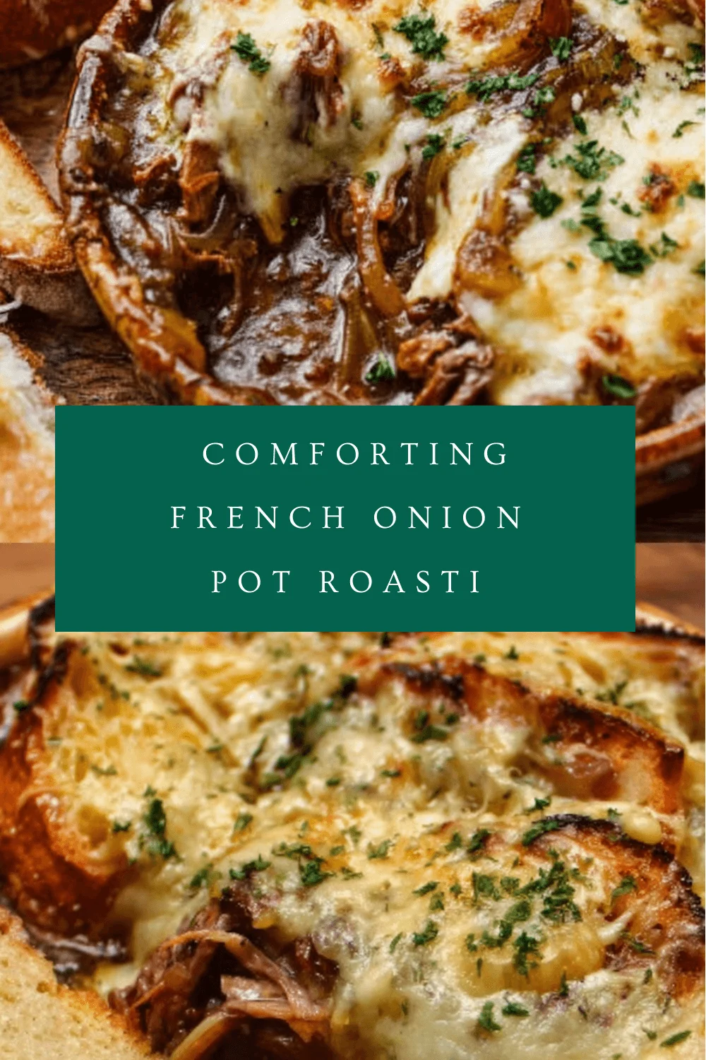 Close-up of comforting French onion pot roast with caramelized onions, melted cheese, and fresh thyme on a wooden board