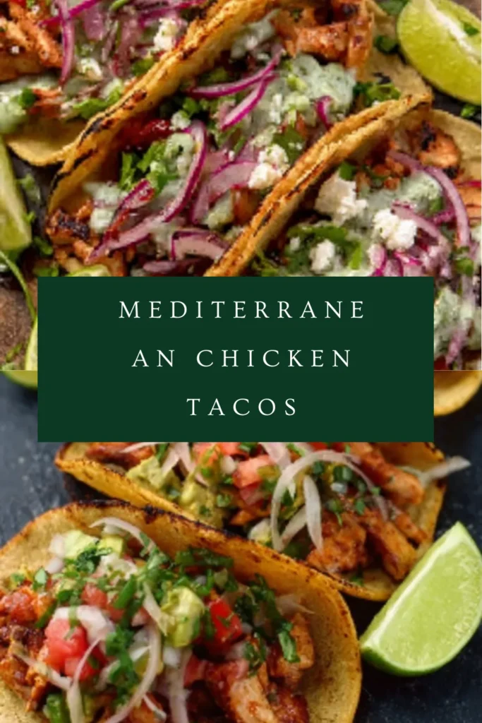 Closeup Mediterranean Chicken Tacos on wooden board with grilled chicken, tzatziki, feta, red onions, lime wedges