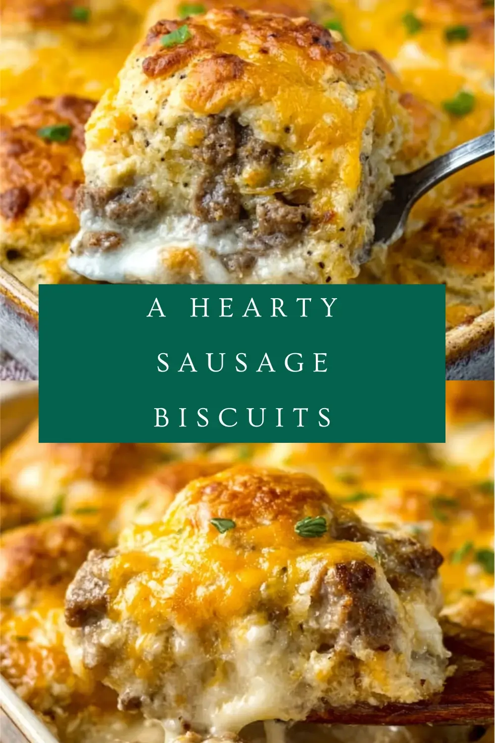 Hearty sausage biscuits and gravy casserole with melted cheddar cheese in a baking dish, served hot for breakfast.