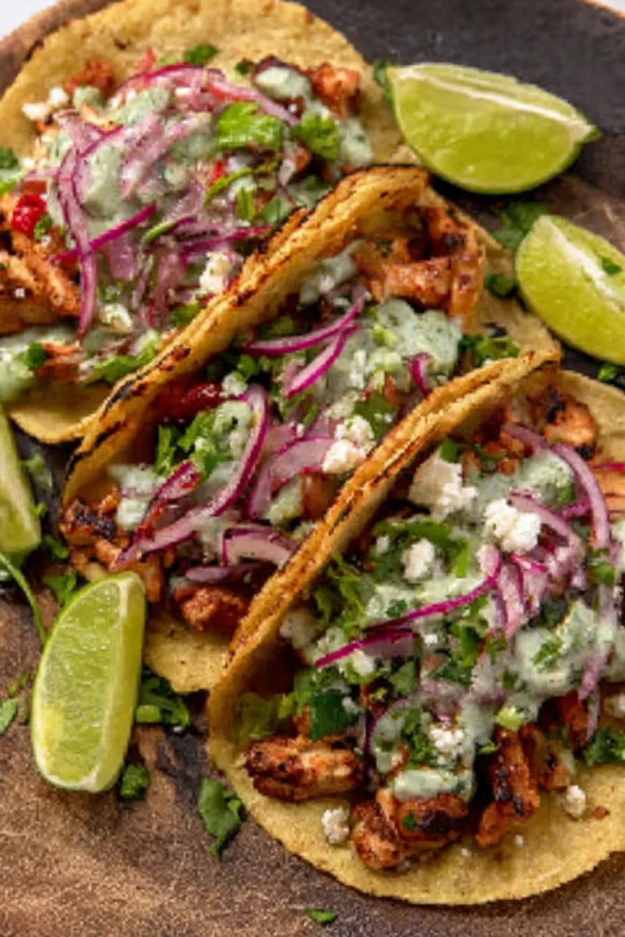 Mediterranean Chicken Tacos with grilled chicken, feta, onions, tzatziki, lime wedges on dark surface vertical collage