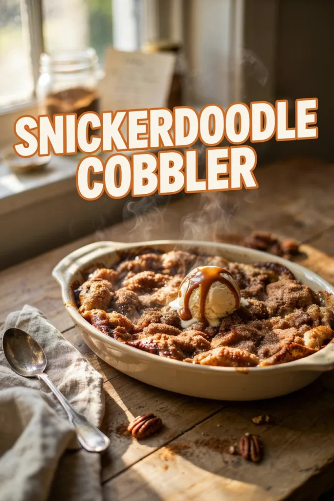A warm snickerdoodle cobbler baked in an oval ceramic dish on a rustic wooden table, topped with a scoop of vanilla ice cream and caramel drizzle, with cinnamon sugar, pecans, and soft natural light.