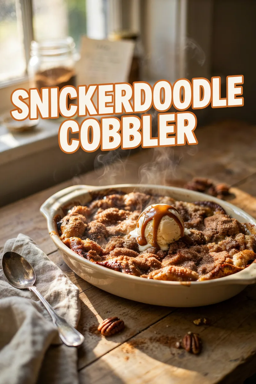A warm snickerdoodle cobbler baked in an oval ceramic dish on a rustic wooden table, topped with a scoop of vanilla ice cream and caramel drizzle, with cinnamon sugar, pecans, and soft natural light.