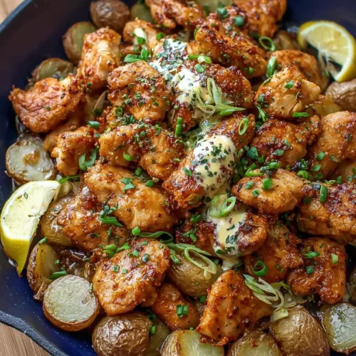 Easy cowboy butter chicken bites with herb butter sauce, roasted potatoes, lemon wedges, and fresh green onions in blue cast iron skillet