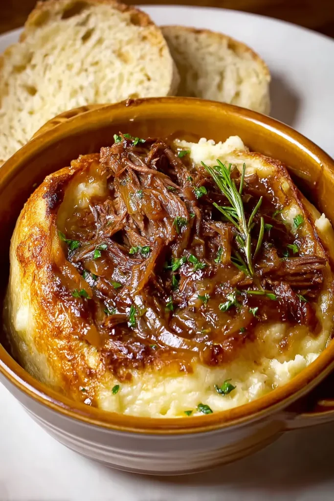 French onion pot roast served over creamy mashed potatoes in a brown bowl, topped with caramelized onions, fresh herbs, and a sprig of rosemary, with slices of rustic bread in the background.