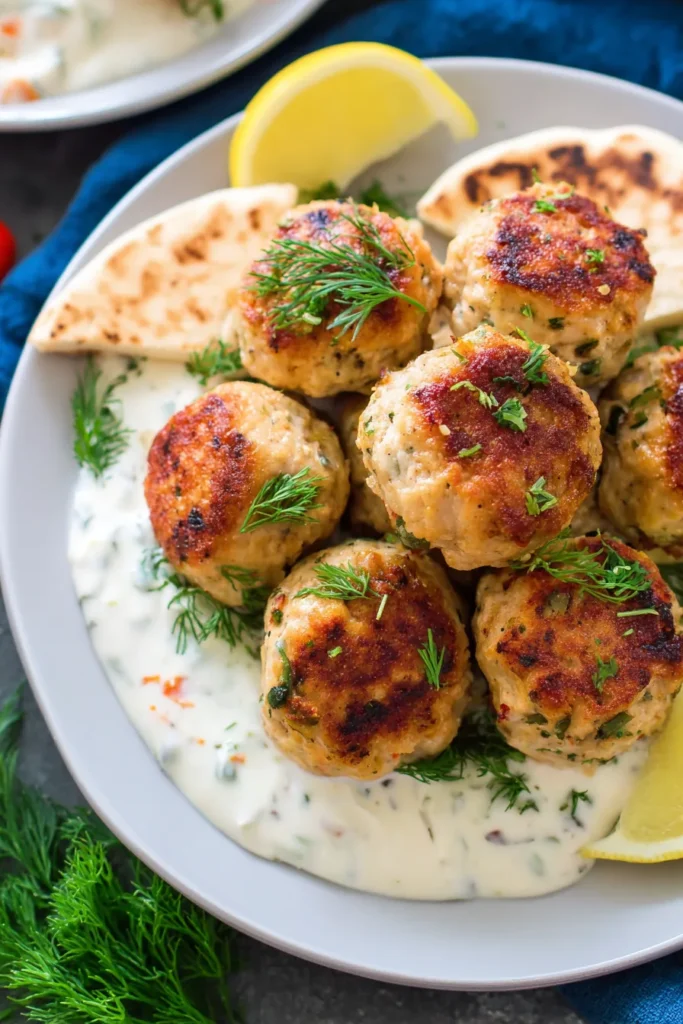Mediterranean chicken meatballs served with creamy tzatziki sauce, lemon wedges, pita bread, and fresh dill on white plate