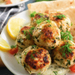 Mediterranean chicken meatballs garnished with fresh dill served on a white plate with tzatziki sauce, lemon wedges, cherry tomatoes, and warm pita bread