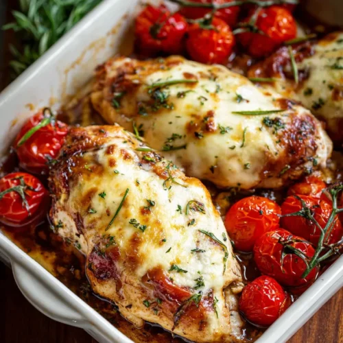 Family-friendly balsamic baked chicken breast with mozzarella cheese, roasted cherry tomatoes, and fresh rosemary garnish in white baking dish