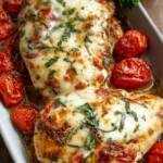 Family-friendly balsamic baked chicken breast with mozzarella cheese and roasted cherry tomatoes garnished with fresh rosemary
