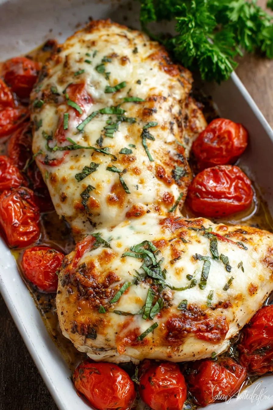 Family-friendly balsamic baked chicken breast with mozzarella cheese and roasted cherry tomatoes garnished with fresh rosemary