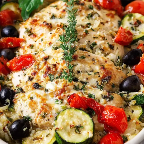 One-pan Mediterranean chicken zucchini bake with roasted chicken breast, sliced zucchini, cherry tomatoes, kalamata olives, and fresh herbs in white baking dish