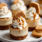 no bake Biscoff cheesecakes with Lotus cookie crust and whipped topping