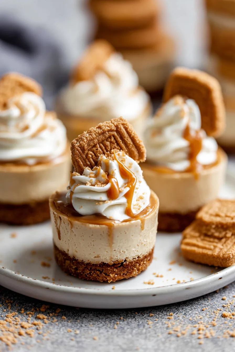 no bake Biscoff cheesecakes with Lotus cookie crust and whipped topping