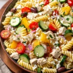 Greek chicken pasta recipe with feta, tzatziki veggies, and olives in bowl.