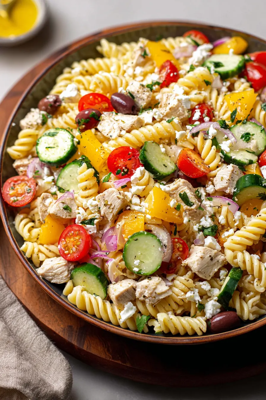 Greek chicken pasta recipe with feta, tzatziki veggies, and olives in bowl.