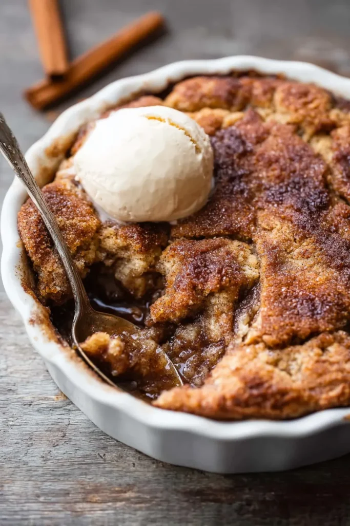 Snickerdoodle cobbler served warm in white bowl topped with vanilla ice cream scoop and cinnamon sticks on wooden surface
