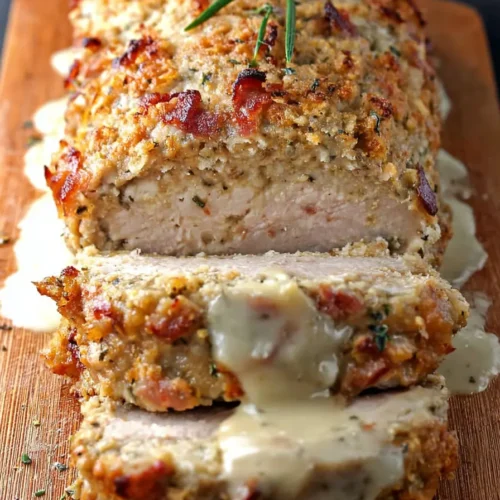 Chicken cordon bleu meatloaf loaf sliced and topped with creamy Dijon sauce and crispy breadcrumb crust