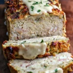 Sliced chicken cordon bleu meatloaf topped with creamy Dijon sauce and crispy breadcrumb crust on a dark serving board