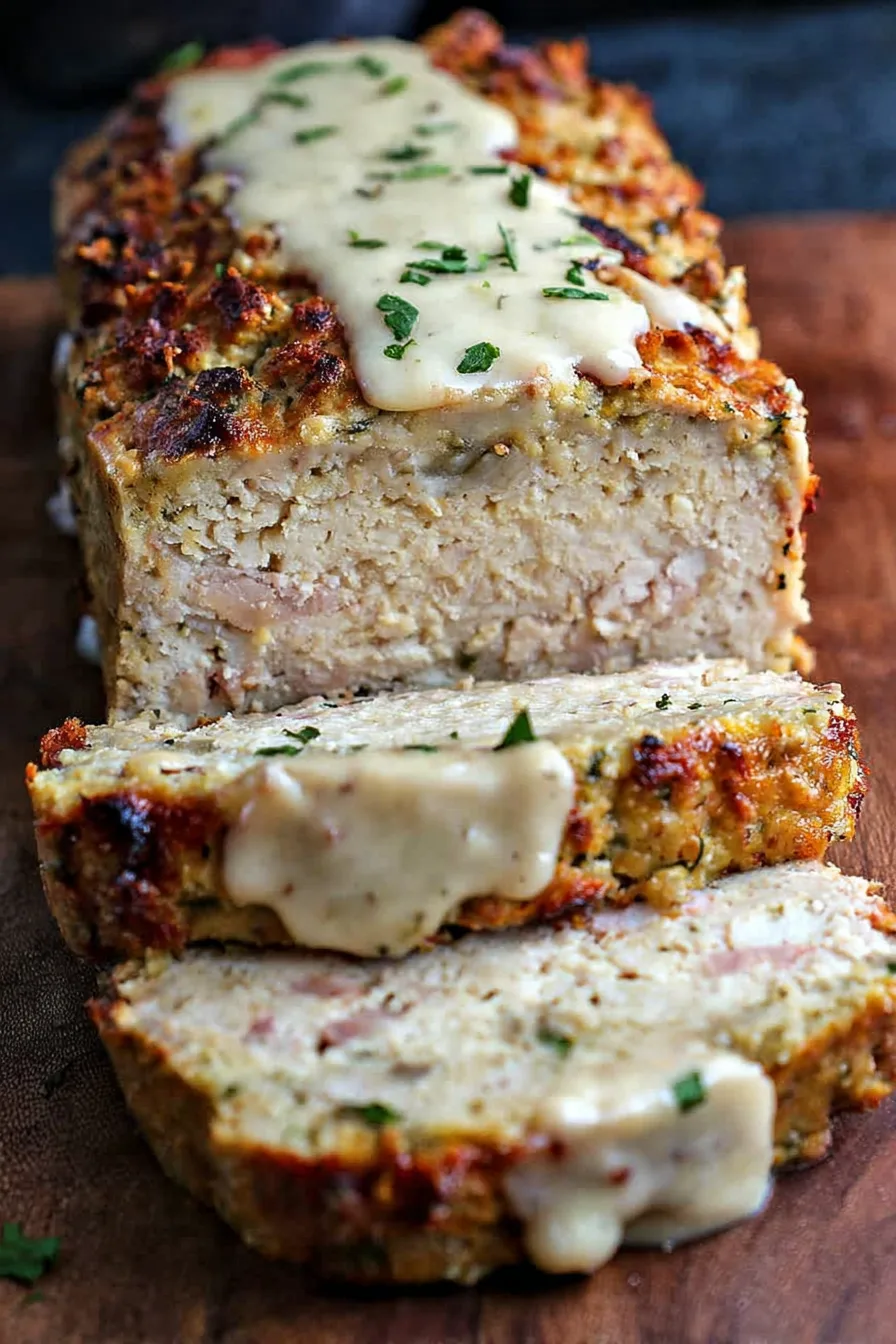 Sliced chicken cordon bleu meatloaf topped with creamy Dijon sauce and crispy breadcrumb crust on a dark serving board