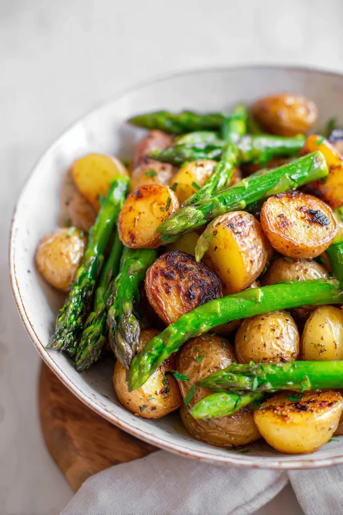 Easy one-pan garlic roasted baby potatoes and asparagus spears served in white bowl on wooden board