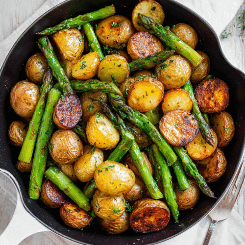 Easy one-pan garlic potatoes and asparagus served in white bowl with roasted baby potatoes, tender asparagus spears, and fresh parsley garnish on wooden board