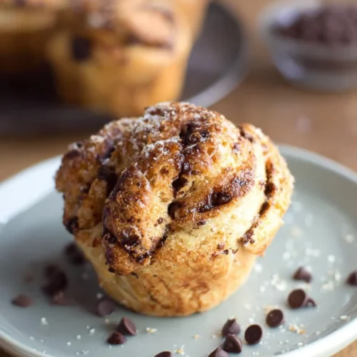 Freshly baked chocolate chip cruffins with flaky puff pastry layers, melted chocolate chips, and cinnamon-sugar coating in muffin tin