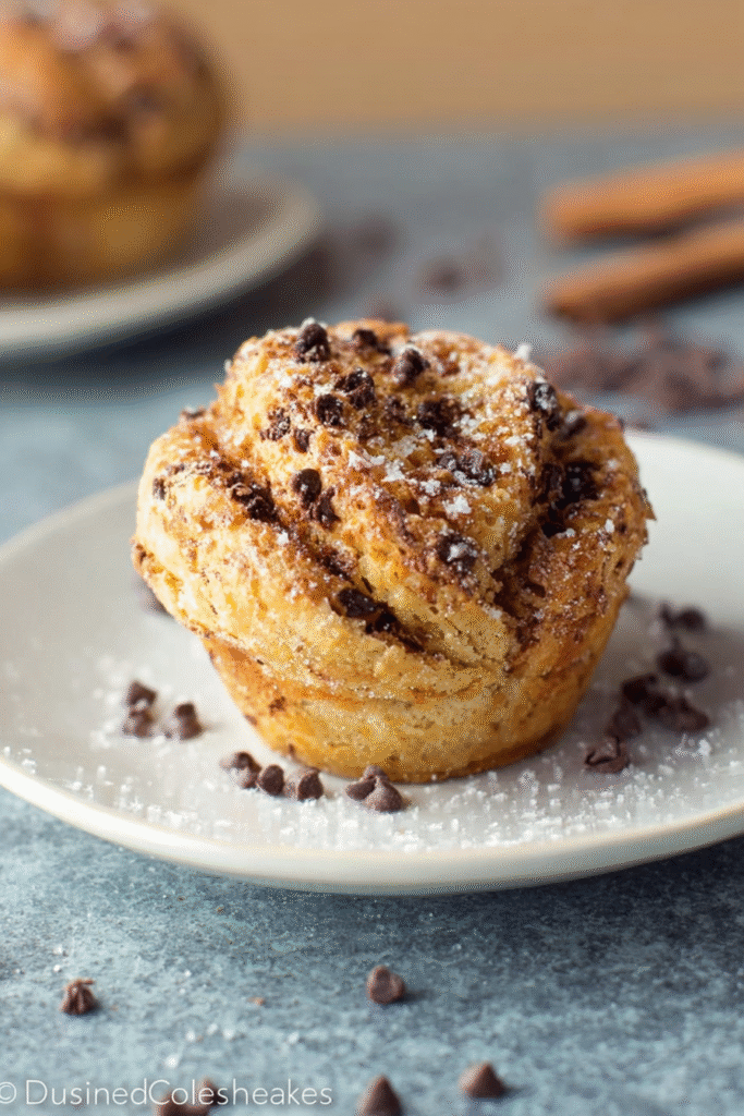 Freshly baked chocolate chip cruffins with flaky puff pastry layers, melted chocolate chips, and cinnamon sugar coating