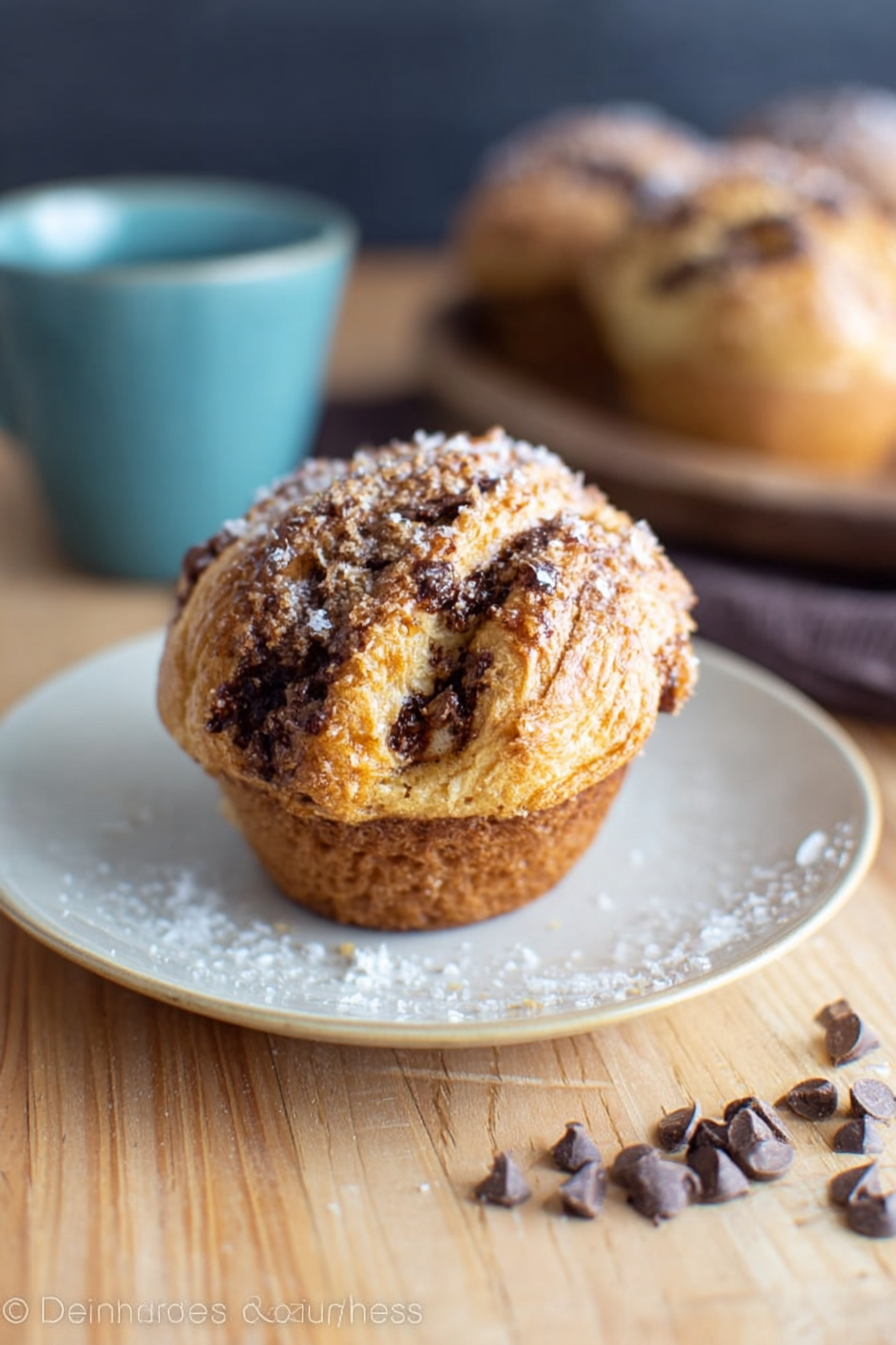 Chocolate chip cruffins baked until golden brown with flaky pastry layers and melted chocolate chips.