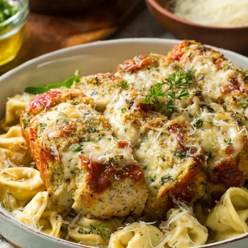 Parmesan chicken meatloaf tortellini served on white plate with marinara sauce, melted cheese, cheese tortellini, and fresh basil garnish