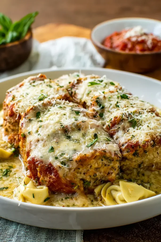 Parmesan chicken meatloaf tortellini served on white plate with marinara sauce, melted mozzarella, fresh basil garnish, and cheese tortellini