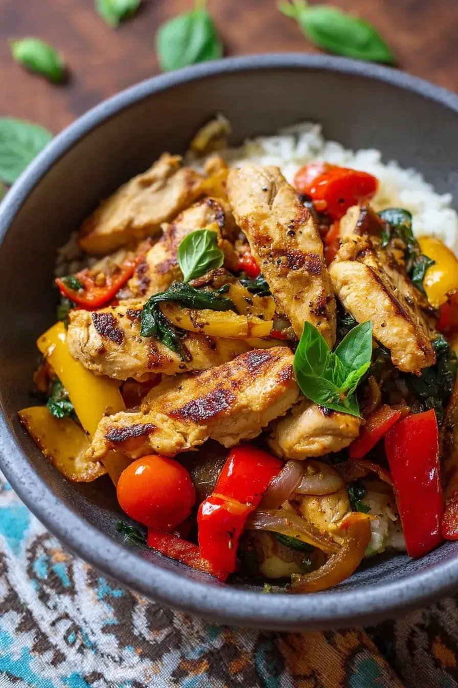 Close-up of easy Mediterranean chicken stir fry in black skillet with golden chicken, colorful bell peppers, zucchini, mushrooms, asparagus, and rice for busy weeknights