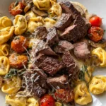Garlic steak bites served over creamy tortellini with mushrooms and roasted cherry tomatoes on a white plate