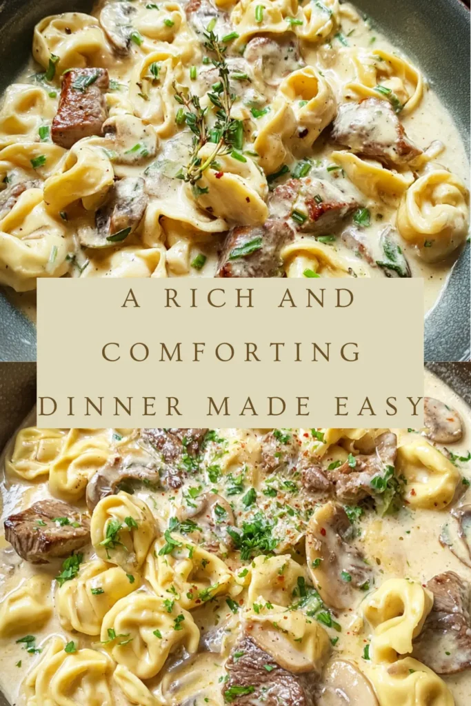 This creamy steak tortellini recipe blends juicy seared steak