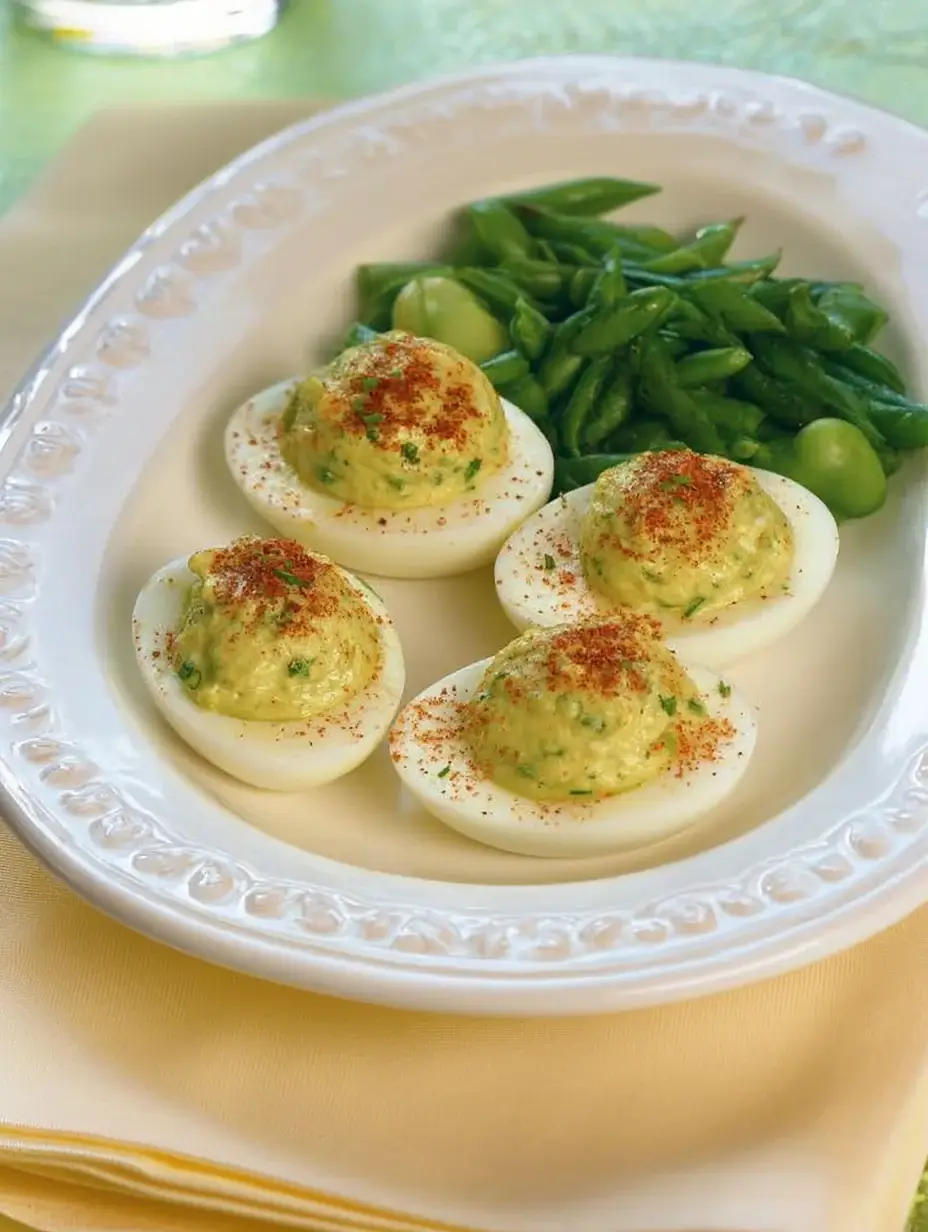 Deviled eggs topped with green herb filling and paprika on a white plate with green beans in the background