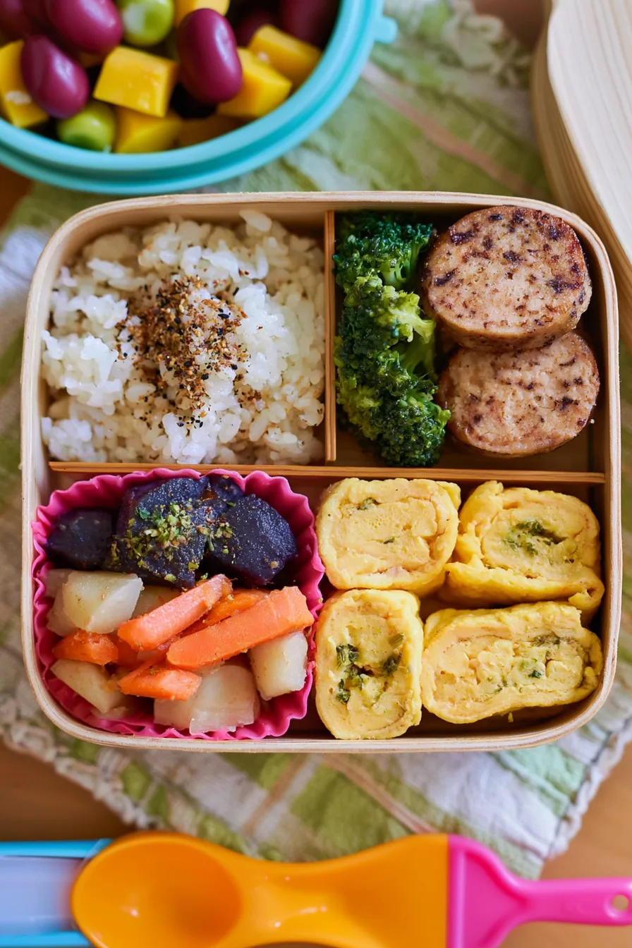 Pink bento box with mini pancakes, orange slices, apple slices with yogurt, hemp seeds, and chocolate chips.