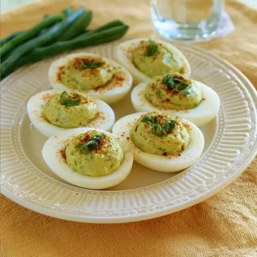 Deviled eggs topped with green herbs and paprika on a white plate with fresh green beans in the background