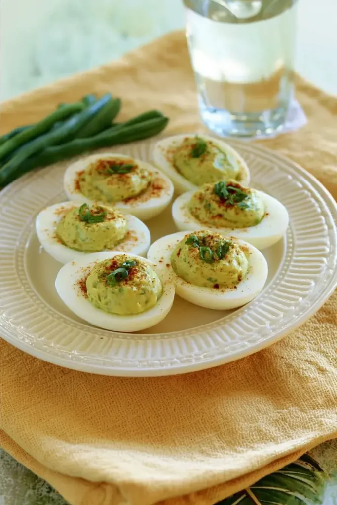 Deviled eggs topped with green herbs and paprika on a white plate with fresh green beans in the background